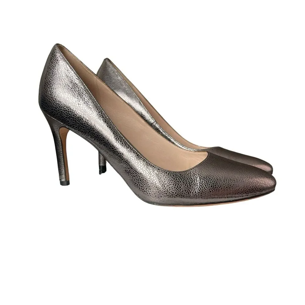 Cole Haan 10 B High Heels Metallic Pewter Silver Leather Almond Toe - Picture 5 of 12